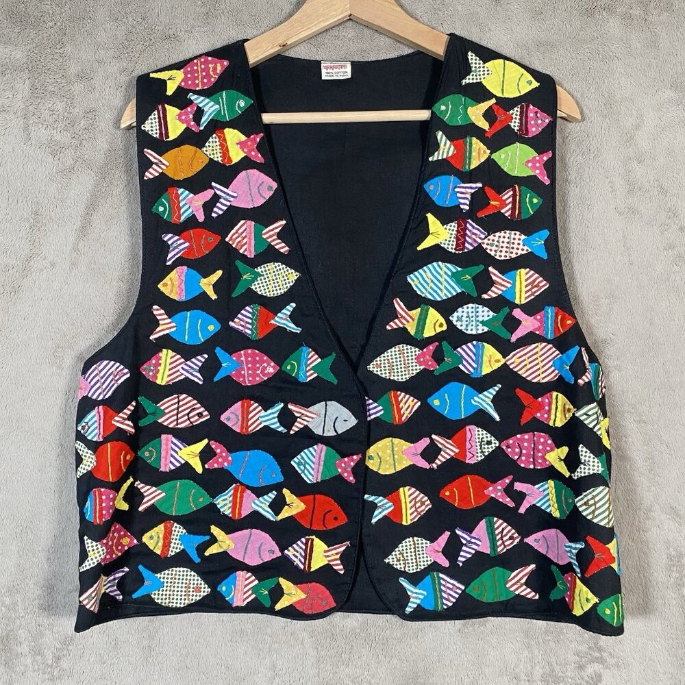 Vintage Artisan Fish Applique Vest M Folk Art to Wear Novelty Patchwork Colorful - Picture 2 of 15